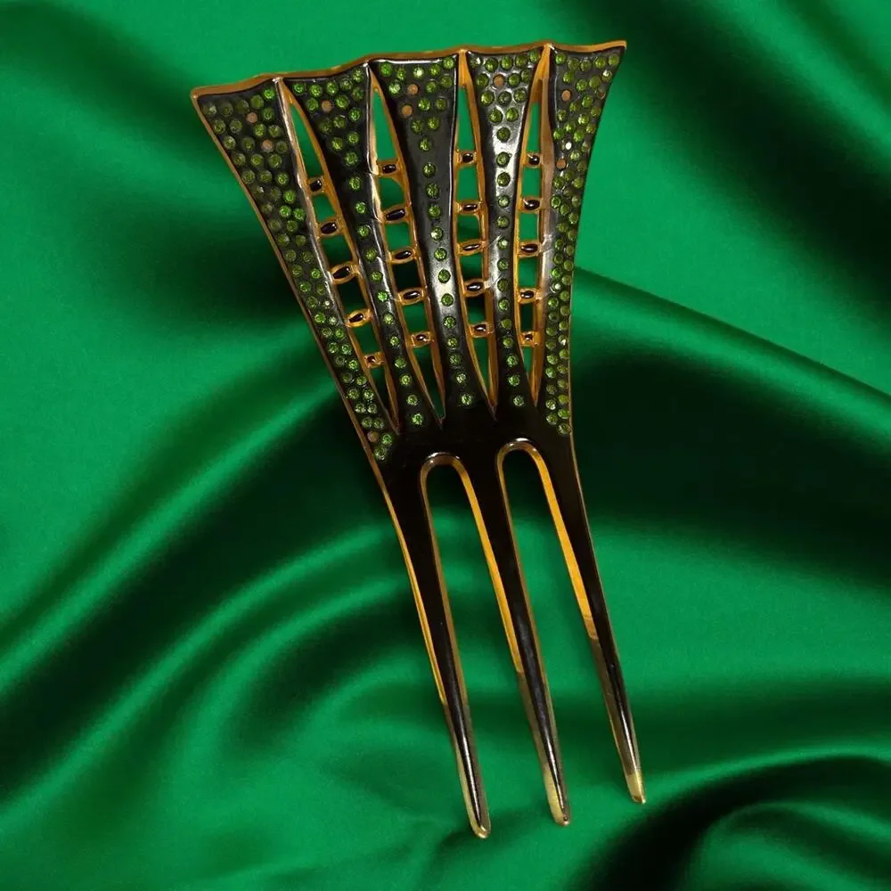 Art Deco Black Enamel & Green Rhinestone Hair Comb Decorative Hair Comb 1920-30s